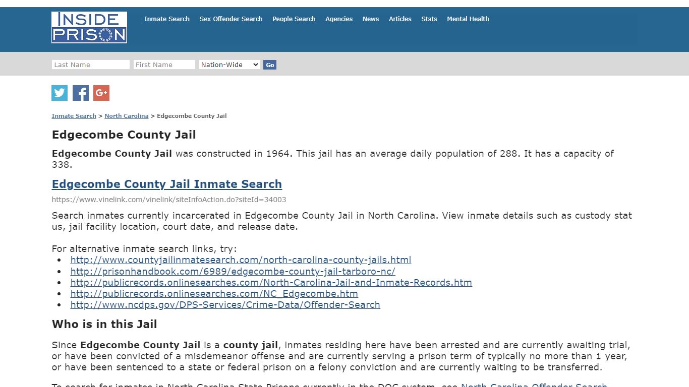 Edgecombe County Jail - North Carolina - Inmate Search